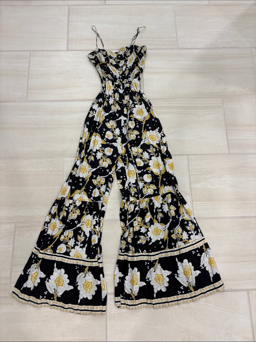 Free People Black jumpsuit with Yellow and White Floral Print